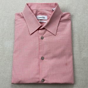 Calvin Klein Dress Shirt Mens 16.5 34/35 Pink Gingham Long Sleeve Button Down